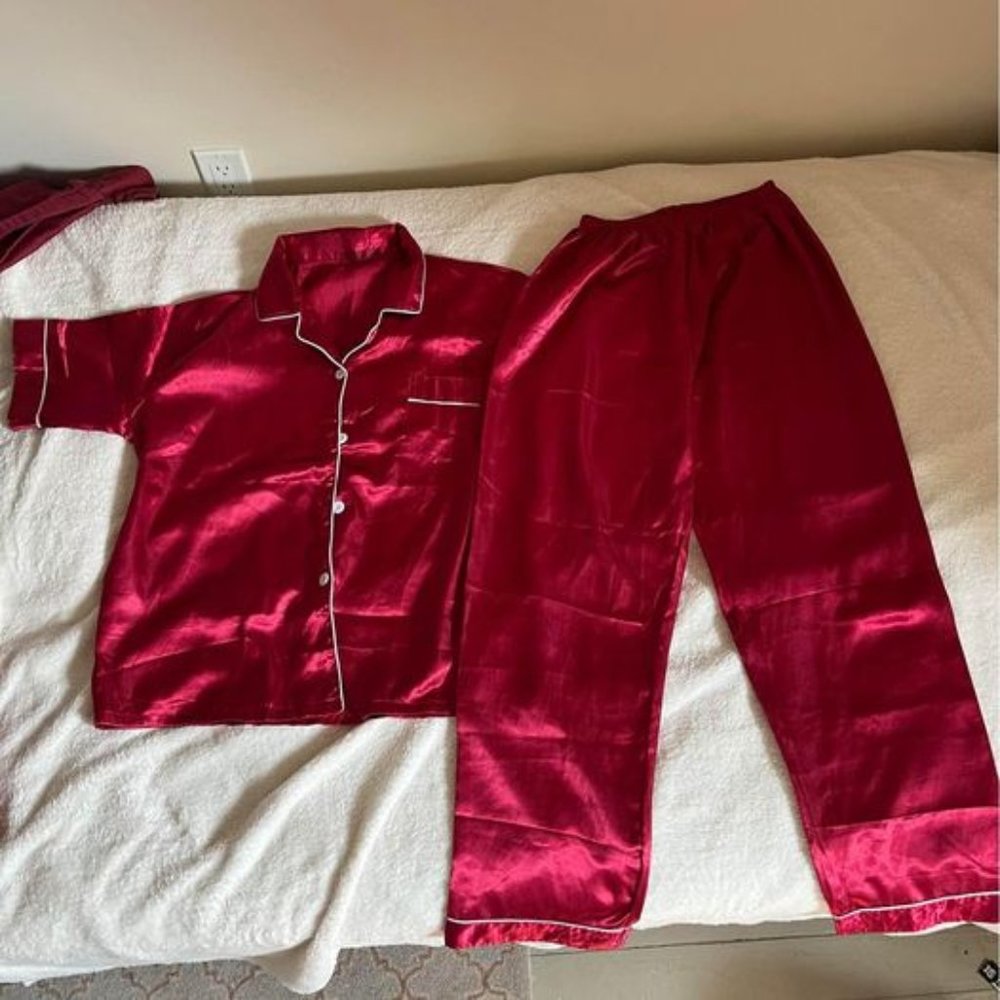 Red Silk Satin Pajamas - Picture 2 of 4